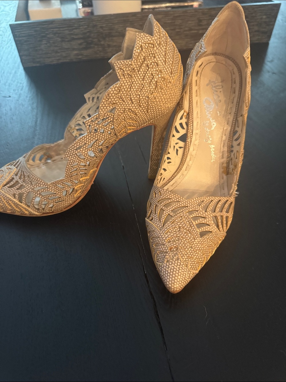 Alice + Olivia Gold Laser-Cut Pointed Toe Heels